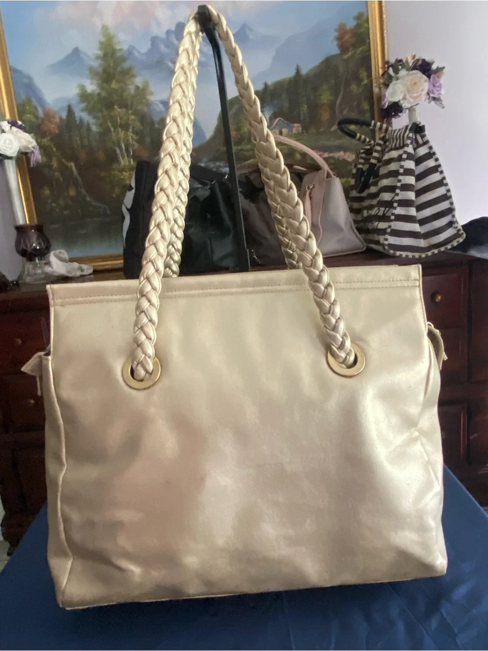 Lancôme Paris Gold Metallic Tote / Overnight Bag Braided Rope Handles Champagne - Picture 4 of 13